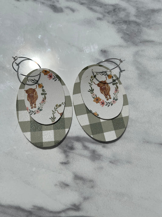 Highland Cow and Plaid Faux Leather Earrings